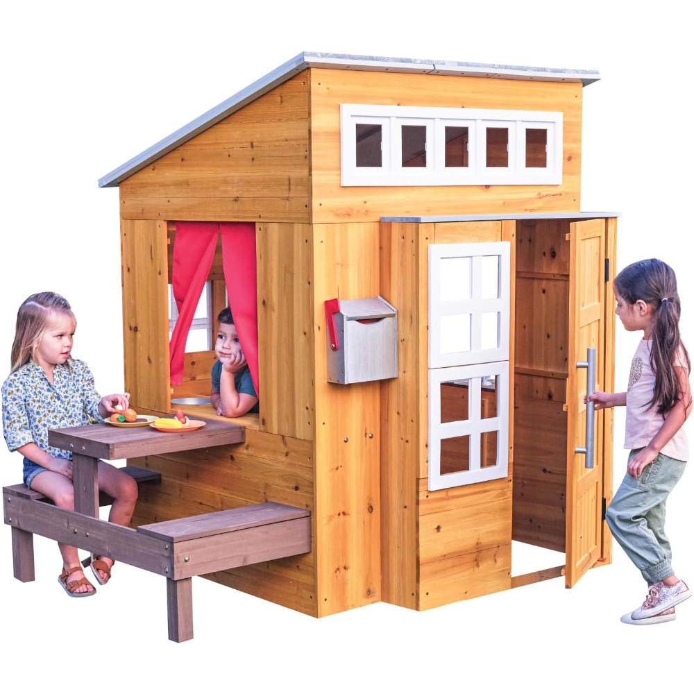 Kids Outdoor Grill Set - ชุดบ้านไม้กลางแจ้งสมัยใหม่สำหรับเด็ก พร้อมโต๊ะปิกนิก ตู้ไปรษณีย์ และของเล่นเตาปิ้งย่าง - อัปเกรดเต็มรูปแบบ