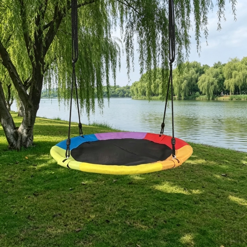 Kids Outdoor Hammock - เปลญวนเด็กแบบวงกลมผ้าใบอ๊อกซ์ฟอร์ดพร้อมเชือกแขวน สำหรับใช้งานกลางแจ้งในสวนสาธารณะ แคมป์ปิ้ง ระเบียง สนามหลังบ้าน สวนหย่อม