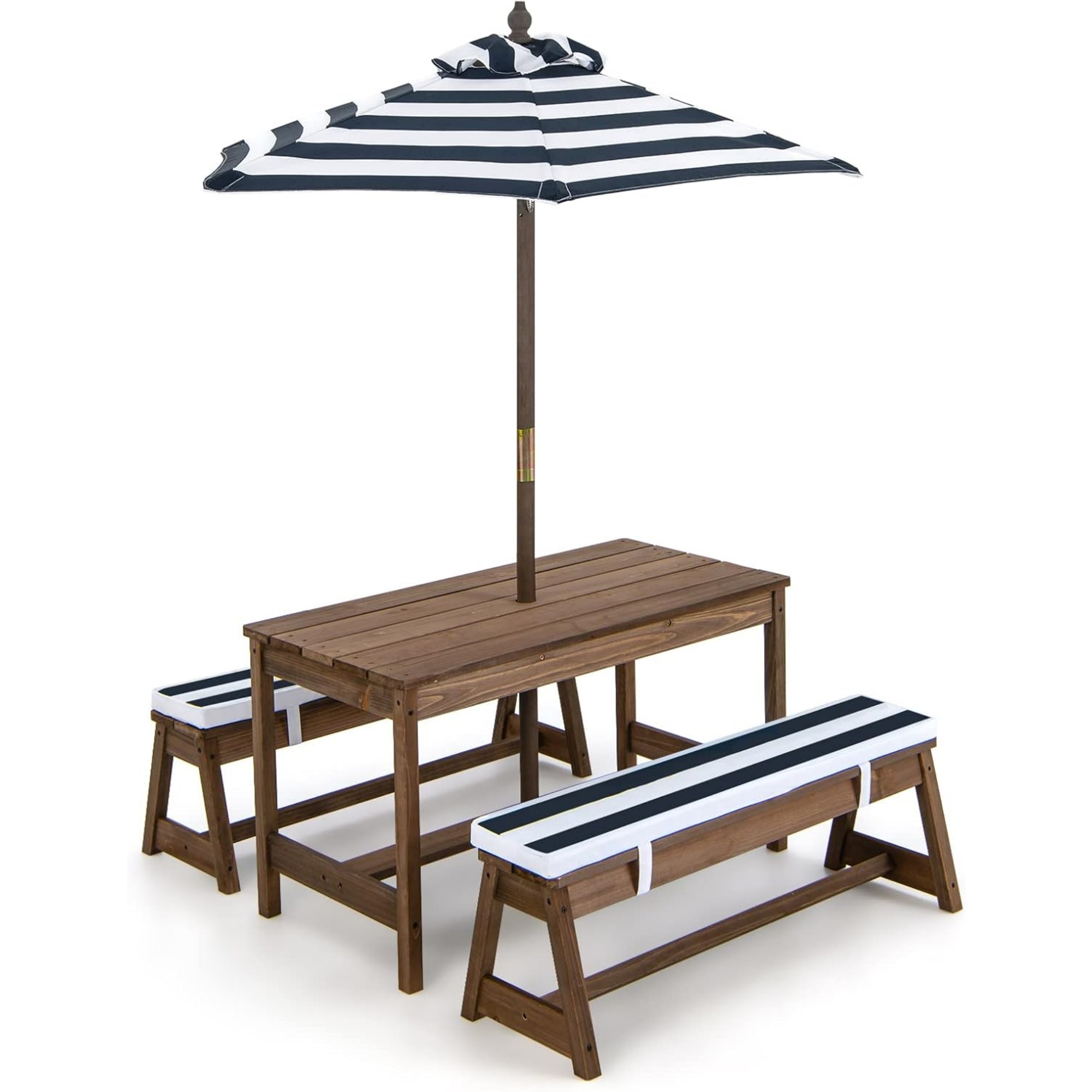 Kids Outdoor Table With Umbrella - โต๊ะปิกนิกสำหรับเด็กพร้อมร่มพับได้, ชุดโต๊ะและม้านั่งไม้สำหรับสนามหลังบ้านพร้อมเบาะรองนั่งที่ถอดออกได้, โต๊ะสำหรับกิจกรรมศิลปะและการเล่น, โต๊ะปิกนิกสำหรับเด็กเล็กใช้ได้ทั้งในร่มและกลางแจ้งสำหรับลานบ้าน, สนามหญ้า และสวน