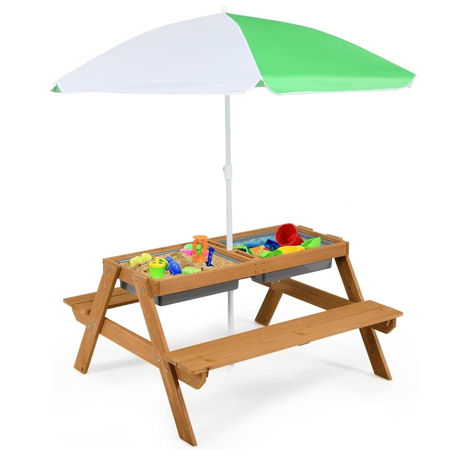 Kids Outdoor Table With Umbrella - โต๊ะปิกนิกเด็ก 4in1 ทำจากไม้ซีดาร์ พร้อมกล่องทรายและน้ำ ร่มสนาม เฟอร์นิเจอร์สำหรับเด็กเล็ก