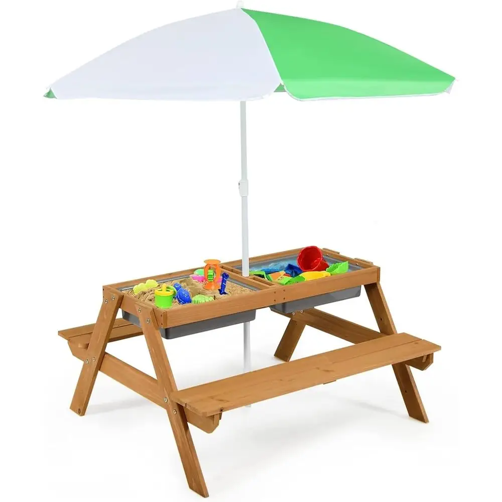 Kids Outdoor Table With Umbrella - โต๊ะปิกนิกไม้ 4-in-1 สำหรับเล่นทรายและน้ำ พร้อมกล่องถอดได้และร่มสำหรับเด็ก ชุดเฟอร์นิเจอร์สำหรับสวนหลังบ้านกลางแจ้ง