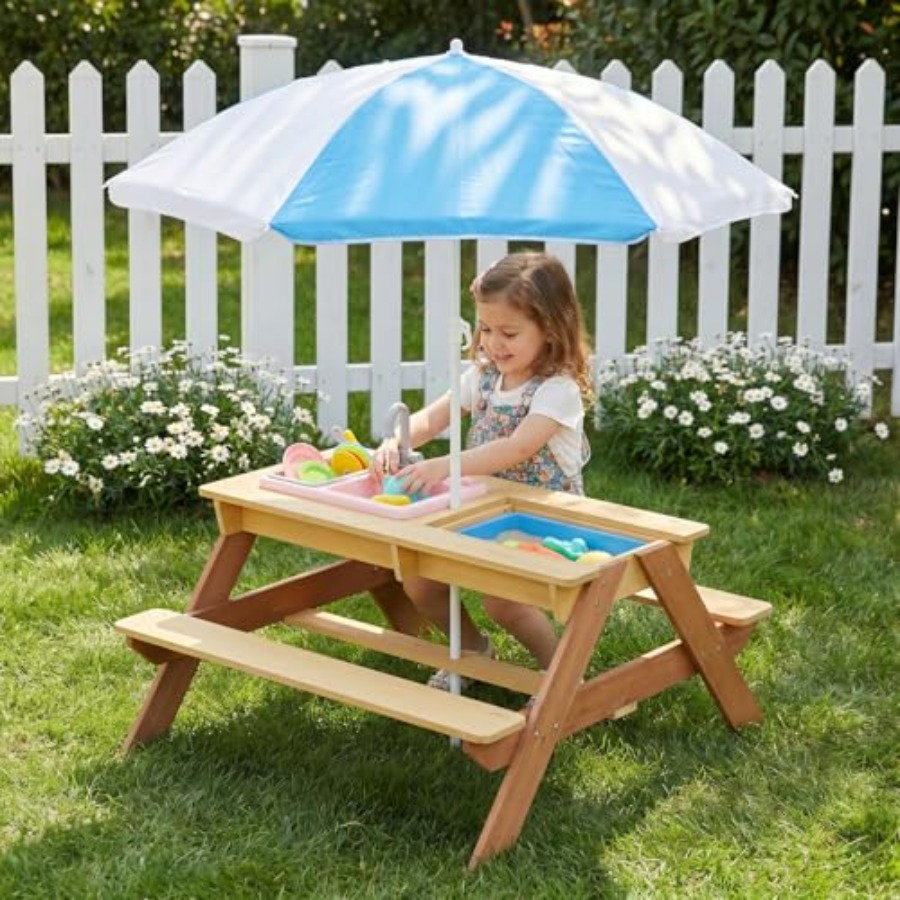 Kids Outdoor Table With Umbrella - โต๊ะปิกนิกเด็กสำหรับเล่นกลางแจ้งพร้อมร่ม, โต๊ะทรายและน้ำไม้พร้อมท็อปถอดออกได้, อ่างเล่นน้ำและกล่องเก็บของพลาสติก, 4-s