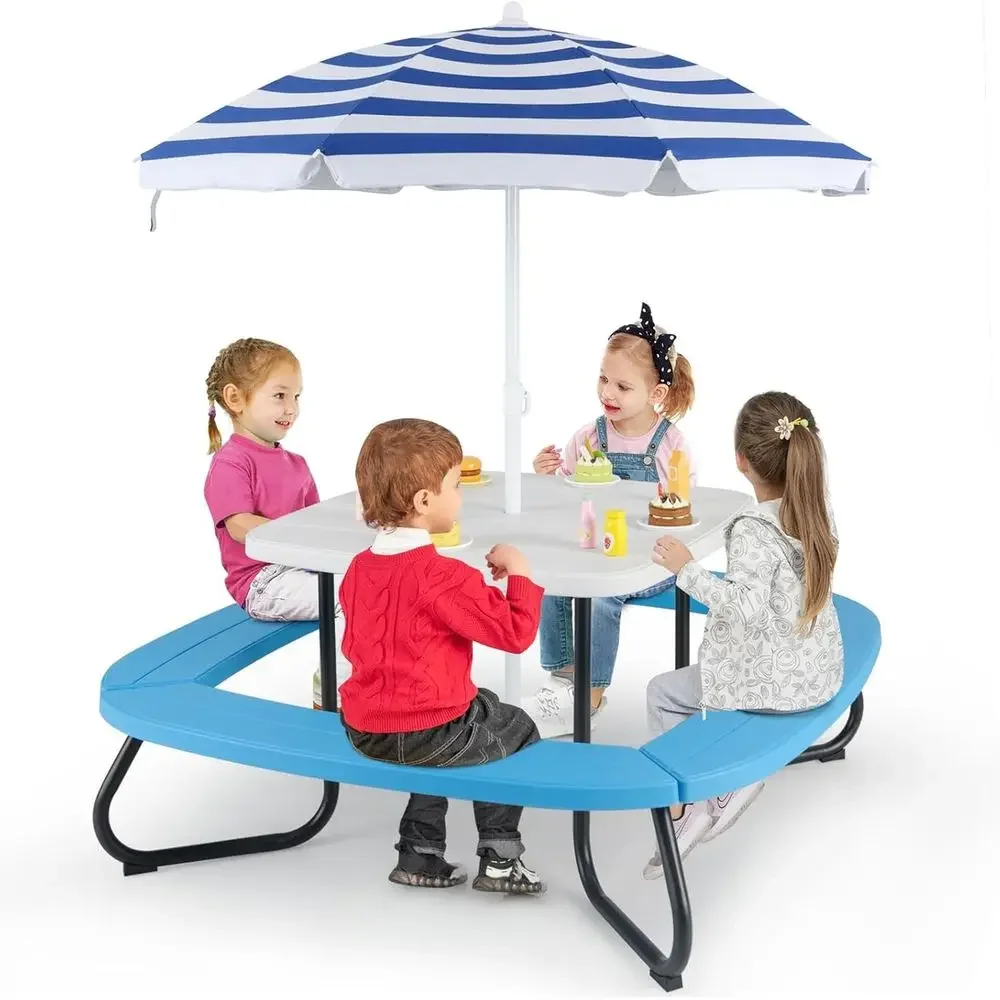 Kids Outdoor Table With Umbrella - โต๊ะปิกนิกสำหรับเด็ก 8 ที่นั่งพร้อมร่ม, โต๊ะกิจกรรมสำหรับเด็กเล็ก, ม้านั่ง 4