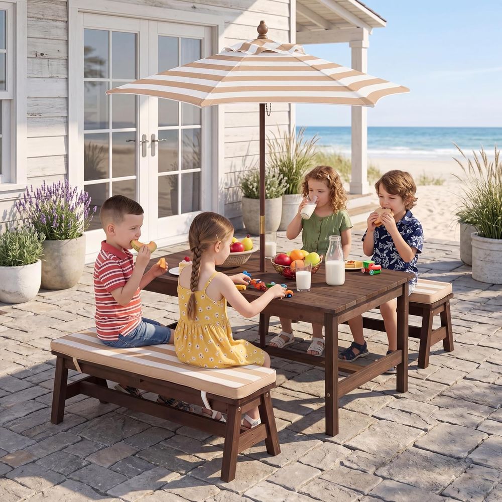 Kids Outdoor Table With Umbrella - โต๊ะปิกนิกสำหรับเด็ก โต๊ะขนาดใหญ่ 42“x 23” ทำจากไม้ IR