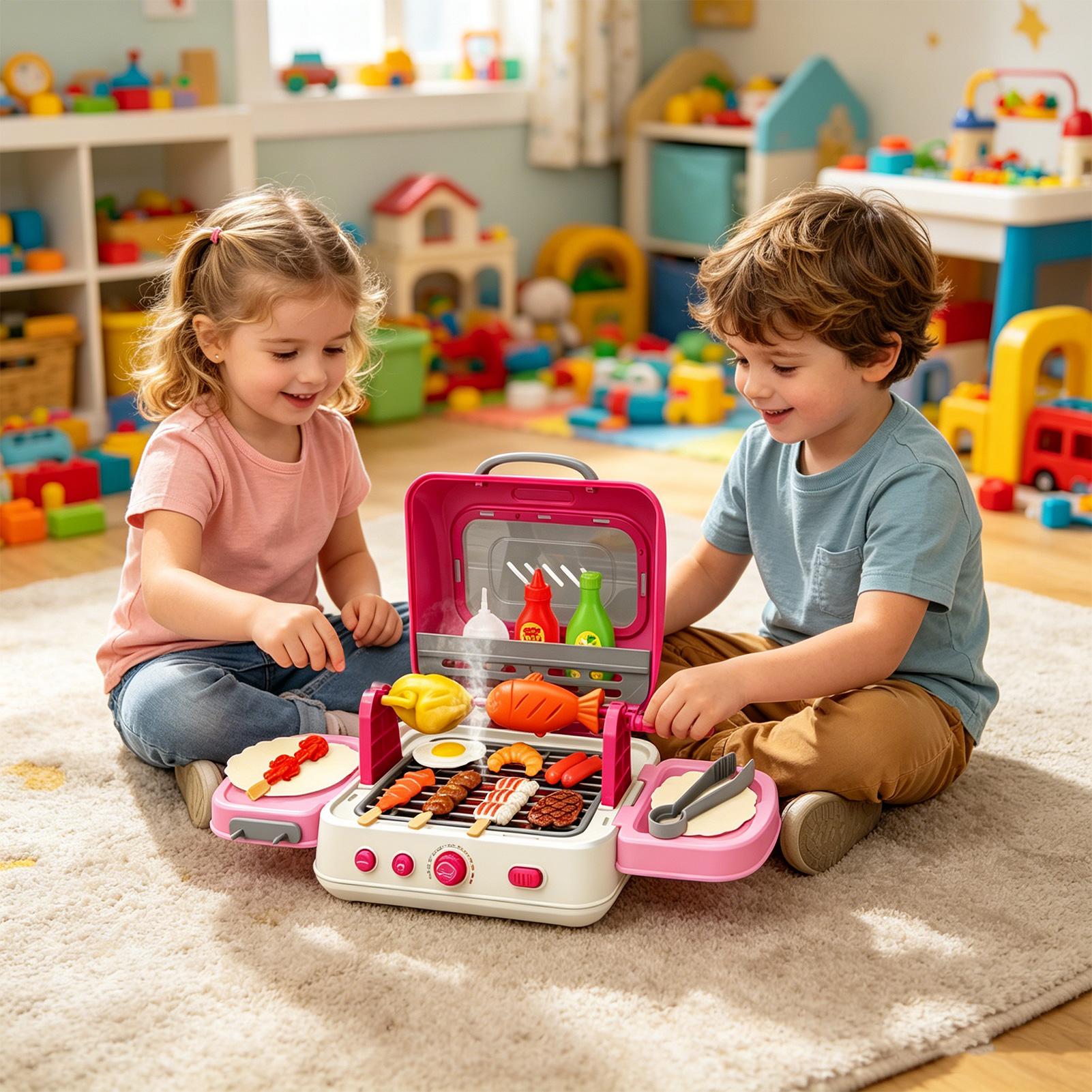 Kids Outdoor Grill Set - ชุดของเล่นย่างกลางแจ้งสำหรับเด็ก ชุดของเล่นย่างแบบอินเทอร์แอคทีฟพร้อมแสงเสียง ของเล่นครัวจำลองสำหรับเด็กชาย เด็กหญิง และเด็กเล็ก