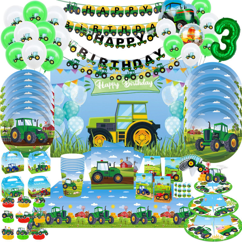 Kids Outdoor Excavator - สีเขียวรถแทรกเตอร์ฟาร์ม Theme ทิ้งบนโต๊ะอาหารถ้วยกระดาษแผ่น Excavator รถเด็กวันเกิดแบนเนอร์เค้ก Topper