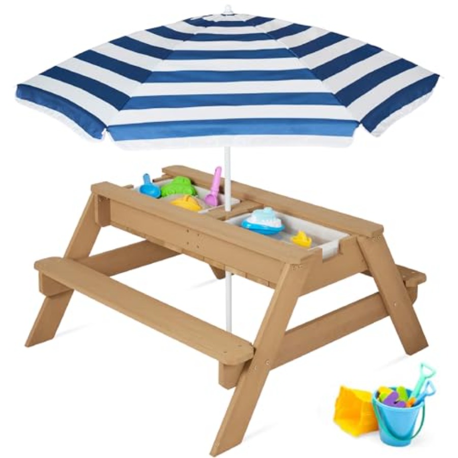 Kids Outdoor Table With Umbrella - โต๊ะปิกนิกเด็กสำหรับใช้งานกลางแจ้งพร้อมร่ม, โต๊ะทรายและน้ำ 3-in-1, พลาสติกสีน้ำเงินกรมท่า, รองรับ 4