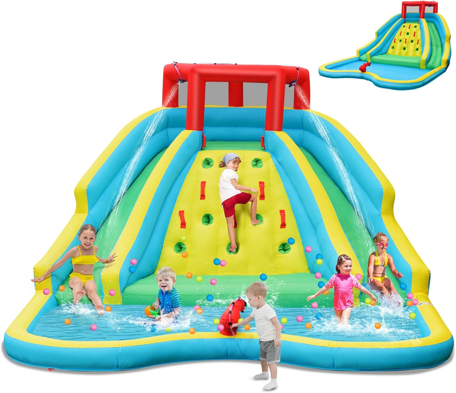 Kids Outdoor Climbing - สไลเดอร์น้ำเป่าลมขนาดใหญ่สำหรับเด็ก สวนน้ำกลางแจ้งพร้อมสไลเดอร์ยาวสองช่อง ผนังปีนป่าย ปืนฉีดน้ำและสายยาง สระน้ำขนาดใหญ่ สไลเดอร์น้ำเป่าลมสำหรับสนามหลังบ้าน