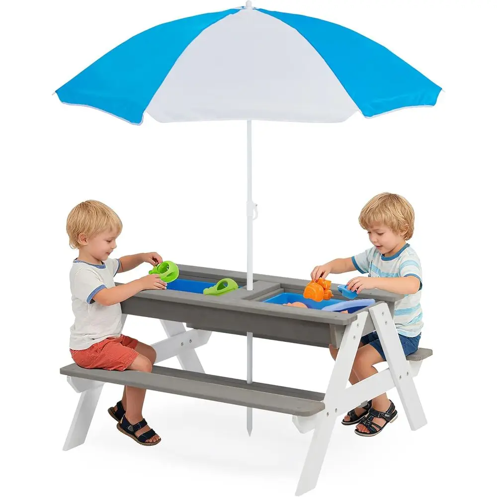 Kids Outdoor Table With Umbrella - โต๊ะปิกนิกไม้แบบ 3-in-1 สำหรับเด็ก ใช้เล่นทรายและน้ำกลางแจ้ง รองรับ 4