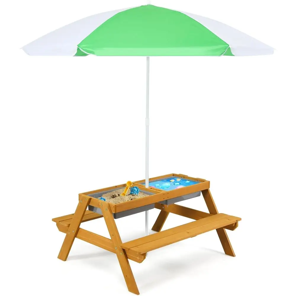 Kids Outdoor Table With Umbrella - โต๊ะปิกนิกเด็กแบบปรับความสูงได้ 3-in-1 พร้อมกิจกรรมน้ำและทราย ชุดไม้สำหรับเด็กเล็ก ใช้กลางแจ้ง สวน