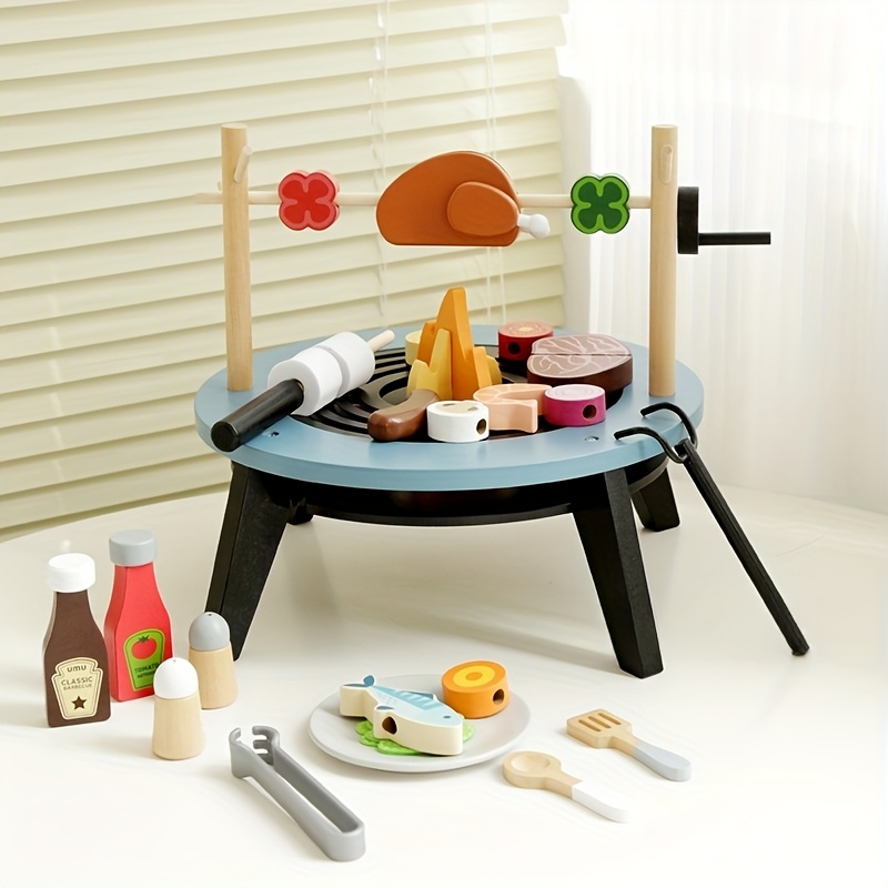 Kids Outdoor Grill Set - ชุดของเล่นบาร์บีคิวไม้สำหรับเด็ก ชุดเล่นบทบาทสมมติ บาร์บีคิว พร้อมอุปกรณ์ย่าง อาหาร และเครื่องปรุงรส