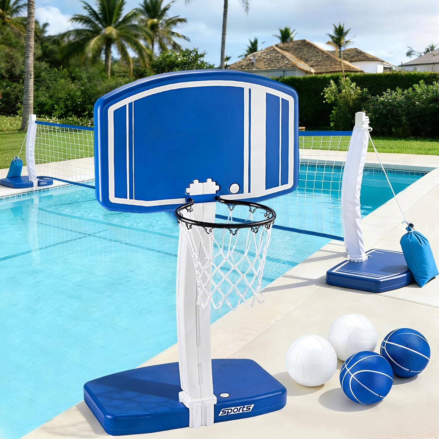 Outdoor Games For Kids - ห่วงบาสเก็ตบอลเหนือพื้นดินและตาข่ายวอลเลย์บอล 2-in-1 ของเล่นเกมน้ำกลางแจ้งสำหรับเด็กอายุ 3-12 ปี วัยรุ่น