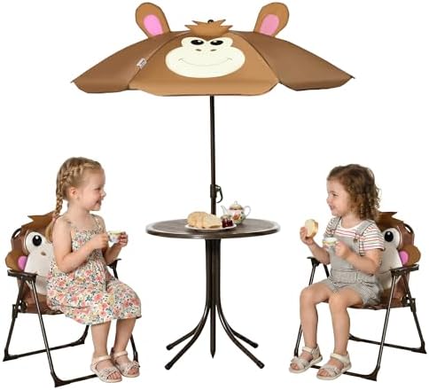 Kids Outdoor Umbrella Chair - ชุดโต๊ะและเก้าอี้สำหรับเด็ก โต๊ะปิกนิกพร้อมร่มลายลิงสีน้ำตาล | เฟอร์นิเจอร์สวนพับได้สำหรับกลางแจ้ง, ลานหลังบ้าน