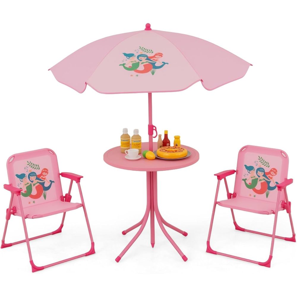 Kids Outdoor Umbrella Chair - โต๊ะปิกนิกสำหรับเด็ก, โต๊ะกลางแจ้งสำหรับเด็กพร้อมเก้าอี้พับ 2 ตัว, ร่มปรับระดับความสูงได้, เฟอร์นิเจอร์กลางแจ้งสำหรับเด็กแบบพกพาหรือ