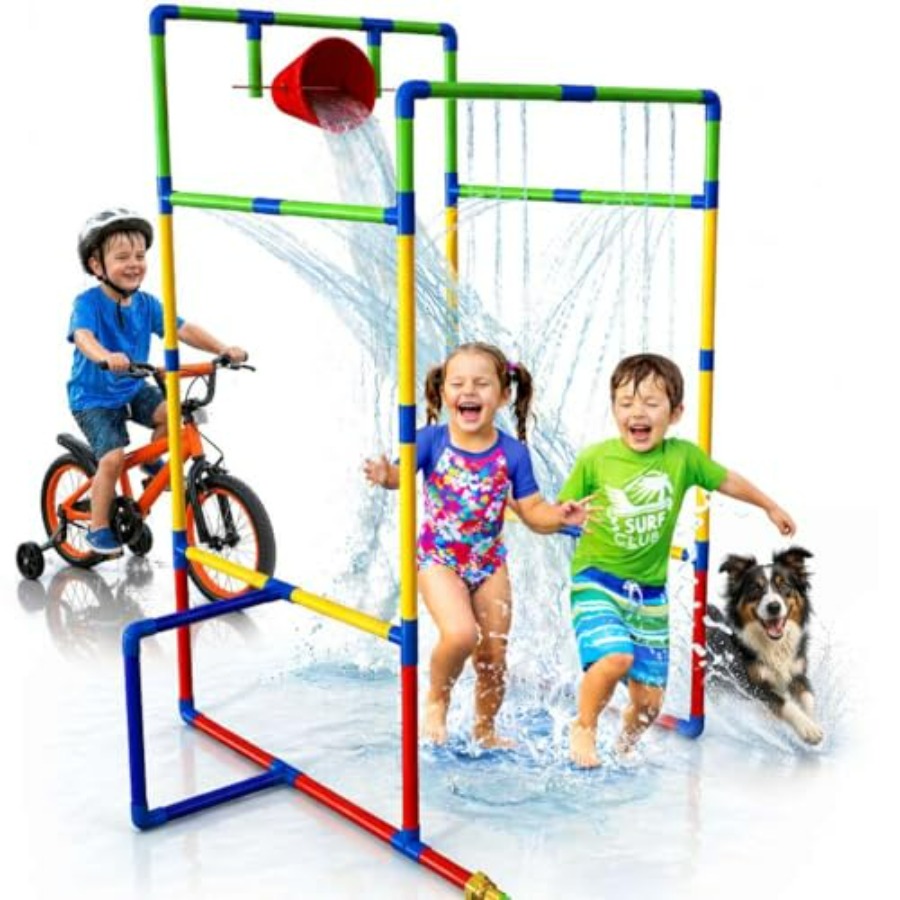 Kids Outdoor Water Sprinkler - อุโมงค์สปริงเกอร์สวนน้ำกลางแจ้งพร้อมถังน้ำสำหรับเด็ก สนุกสนานในช่วงฤดูร้อน ทำจาก PVC ทนทาน สีฟ้าและสีเหลือง