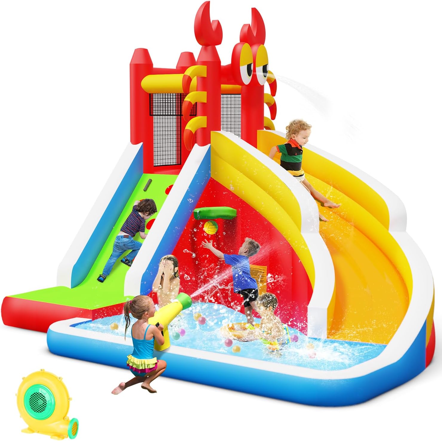 Kids Outdoor Climbing - บ้านลมเป่าลมขนาดใหญ่พร้อมสไลเดอร์น้ำสำหรับเด็ก - ประกอบด้วยสระน้ำเล่น, ผนังปีนป่าย, ห่วงบาสเก็ตบอล และปืนฉีดน้ำสำหรับงานปาร์ตี้ในร่ม/กลางแจ้ง