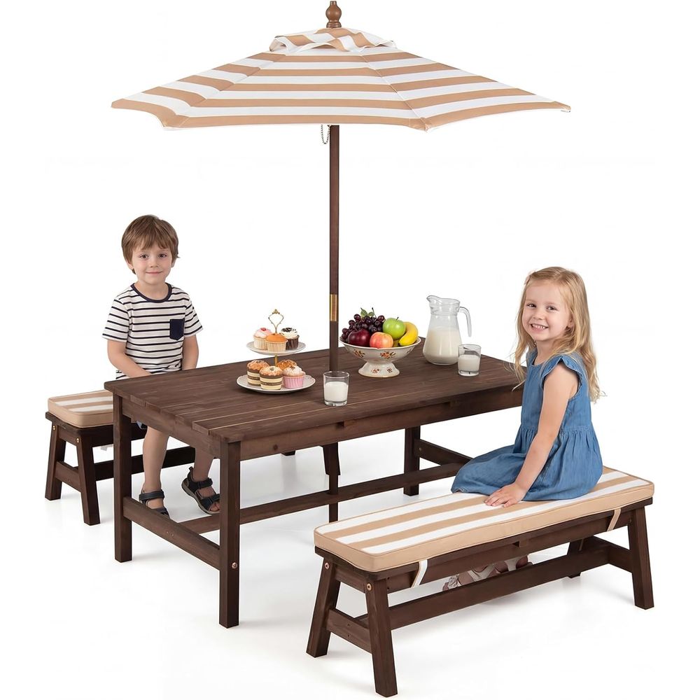 Kids Outdoor Table With Umbrella - โต๊ะปิกนิกสำหรับเด็ก, ชุดโต๊ะและม้านั่งสำหรับเด็กเล็กกลางแจ้งทำจากไม้ IR พร้อมร่มและเบาะรองนั่งแบบถอดได้, ผ้าลายทาง, เฟอร์นิเจอร์กลางแจ้งสำหรับเด็ก