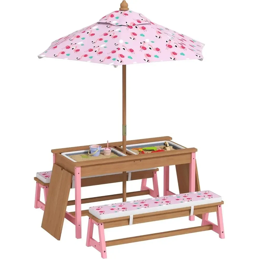 Kids Outdoor Table With Umbrella - ชุดโต๊ะปิกนิกไม้พร้อมร่ม, เบาะรองนั่ง และกล่องเก็บของ, เฟอร์นิเจอร์กลางแจ้งธีมลามิงโกสำหรับเด็ก, สีชมพู