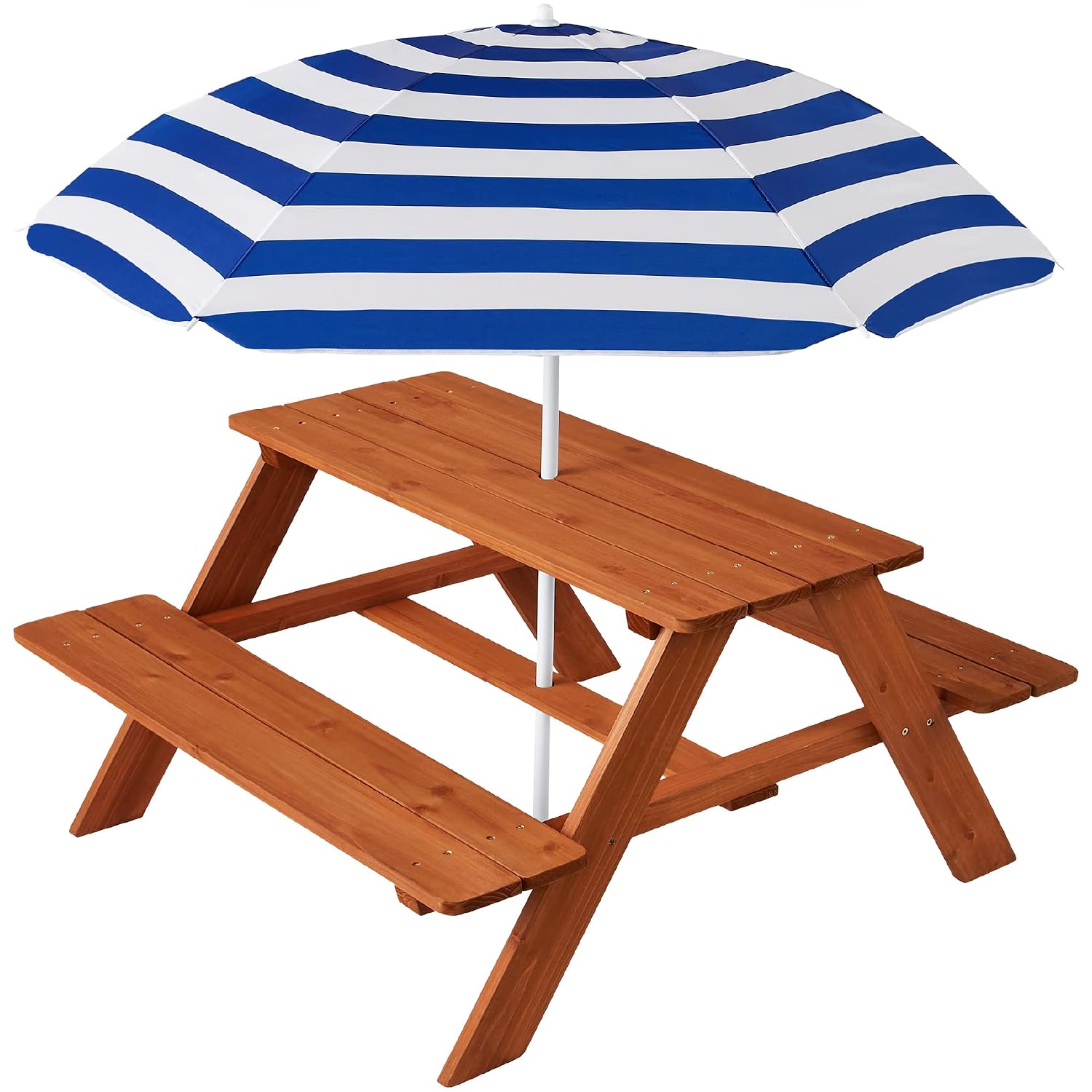 Kids Outdoor Table With Umbrella - โต๊ะปิกนิกไม้สำหรับเด็กพร้อมร่ม ชุดโต๊ะกิจกรรมกลางแจ้งพร้อมม้านั่งในตัว รับน้ำหนักได้ 220 ปอนด์ต่อม้านั่ง สามารถปรับแต่งได้