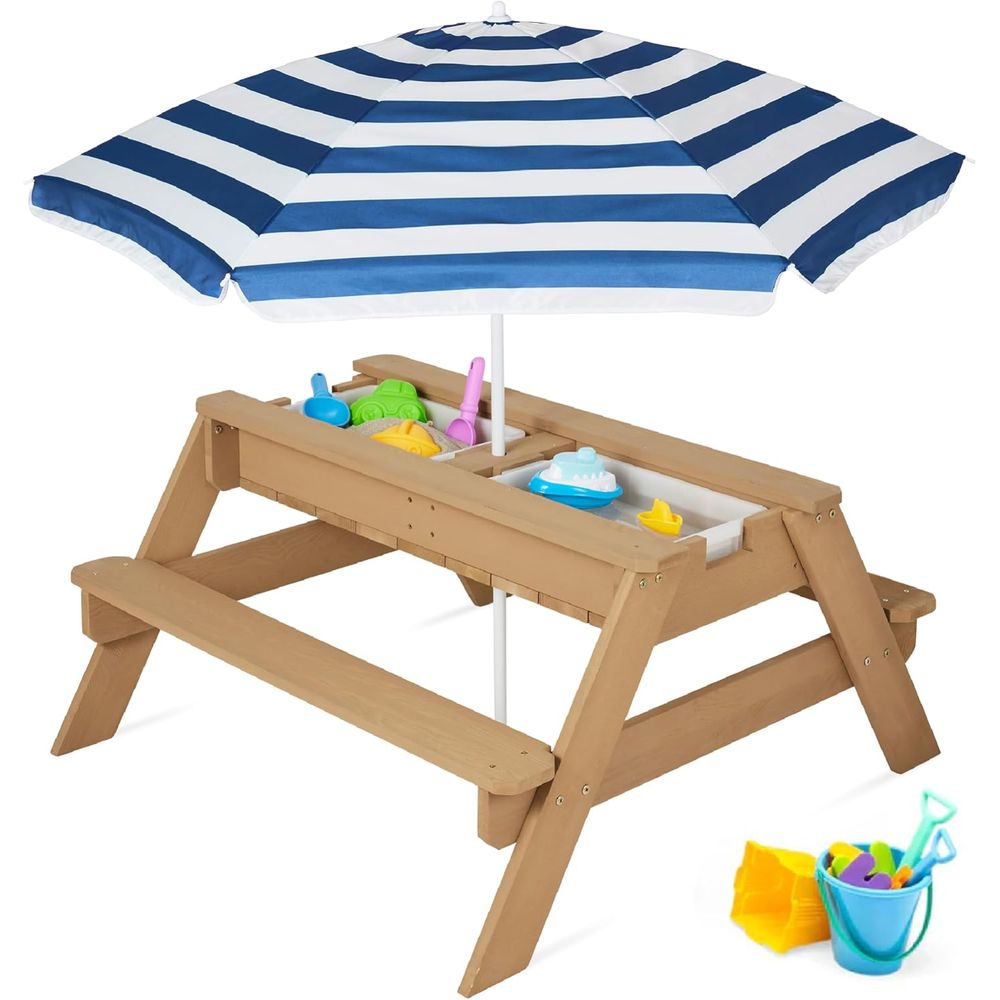 Kids Outdoor Table With Umbrella - โต๊ะปิกนิกเด็กพร้อมร่ม, โต๊ะทรายและน้ำ 3-in-1, โต๊ะปิกนิกกลางแจ้งแบบปรับเปลี่ยนได้สำหรับเด็กเล็ก, รองรับ 4