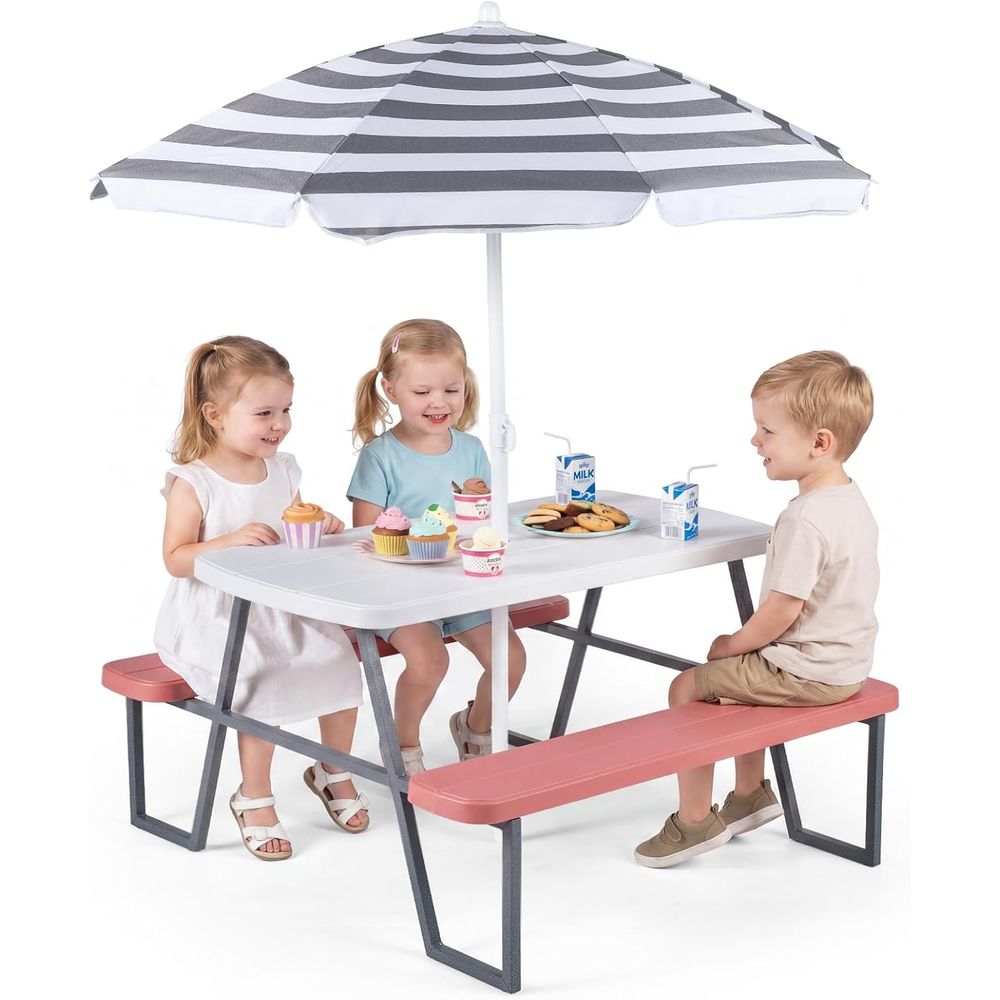 Kids Outdoor Table With Umbrella - โต๊ะปิกนิกสำหรับเด็ก, ชุดโต๊ะและม้านั่งกลางแจ้งสำหรับเด็กเล็กพร้อมร่มถอดได้, ท็อปโต๊ะ HDPE, โครงโลหะ, เฟอร์นิเจอร์กลางแจ้งสำหรับเด็กหรือ