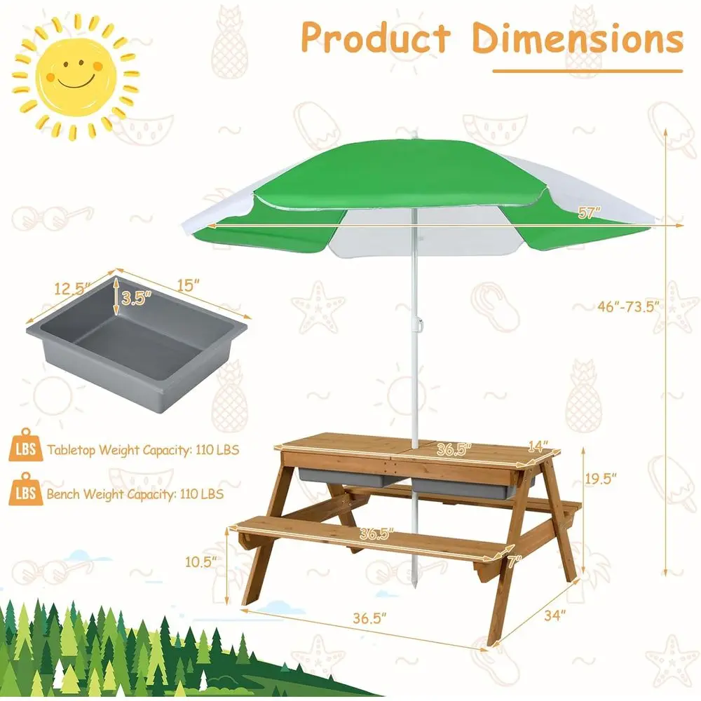 โต๊ะปิกนิกไม้ 4-in-1 สำหรับเล่ - Kids Outdoor Table With Umbrella บทวิจารณ์และราคา