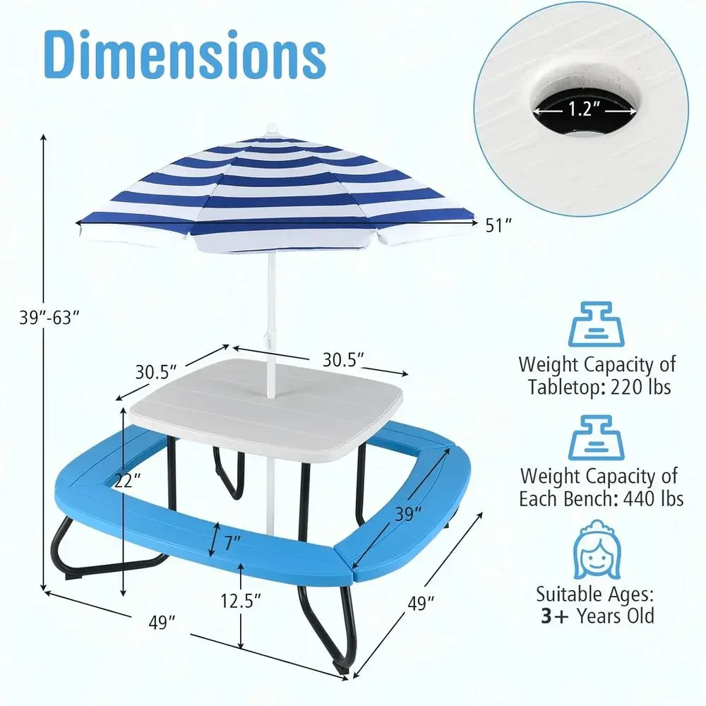 โต๊ะปิกนิกสำหรับเด็ก 8 ที่นั่ง - Kids Outdoor Table With Umbrella บทวิจารณ์และราคา