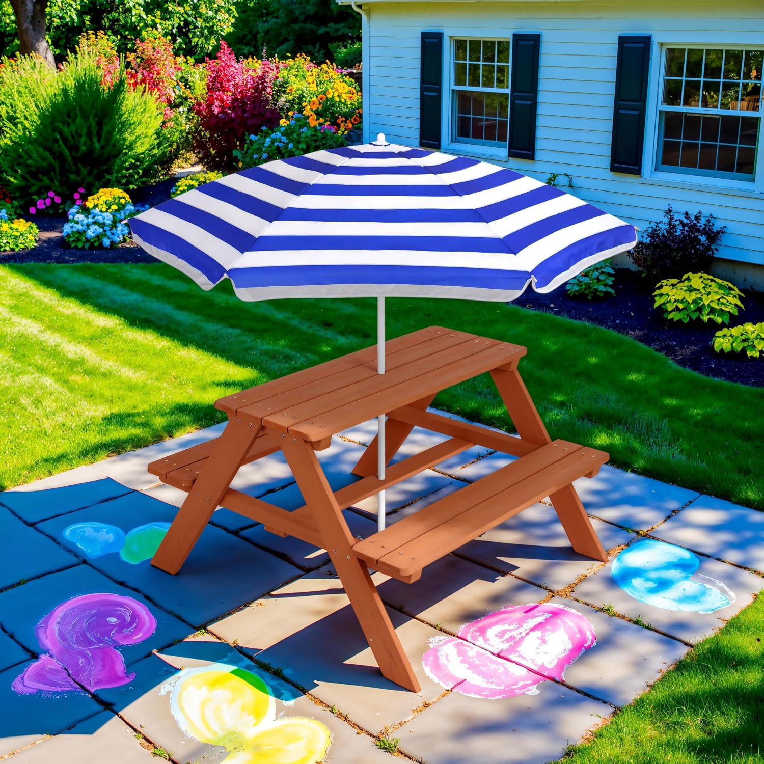 โต๊ะปิกนิกไม้สำหรับเด็กพร้อมร่ - Kids Outdoor Table With Umbrella บทวิจารณ์และราคา