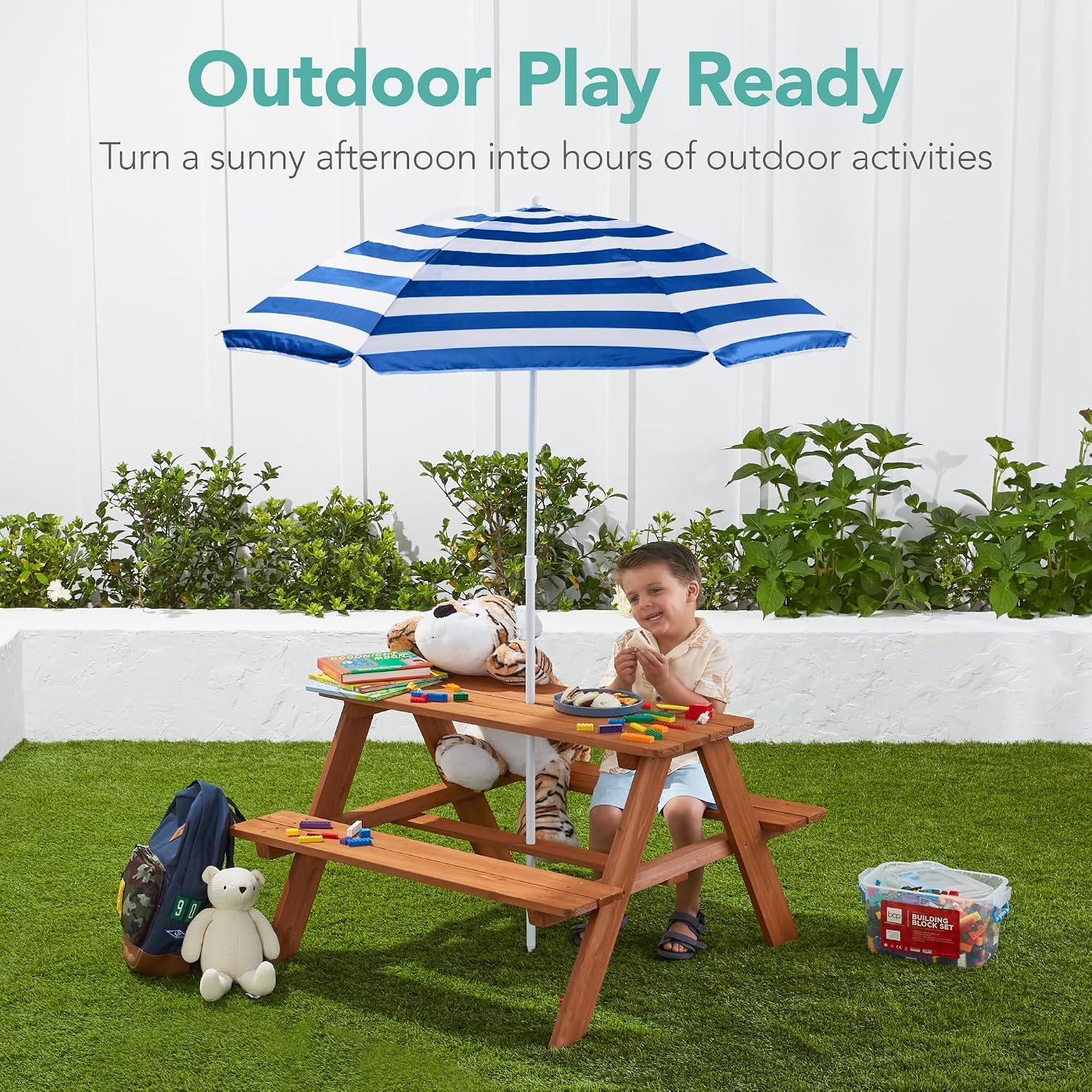 โต๊ะปิกนิกไม้สำหรับเด็กพร้อมร่ - Kids Outdoor Table With Umbrella บทวิจารณ์และราคา